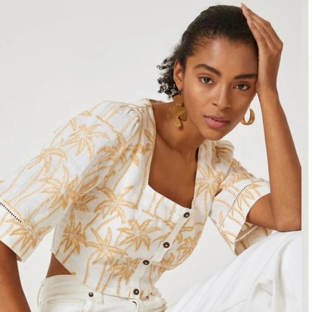 Anthropologie Embroidered Palm Tee Scotch & Soda Crop Blouse Top S - Picture 3 of 6